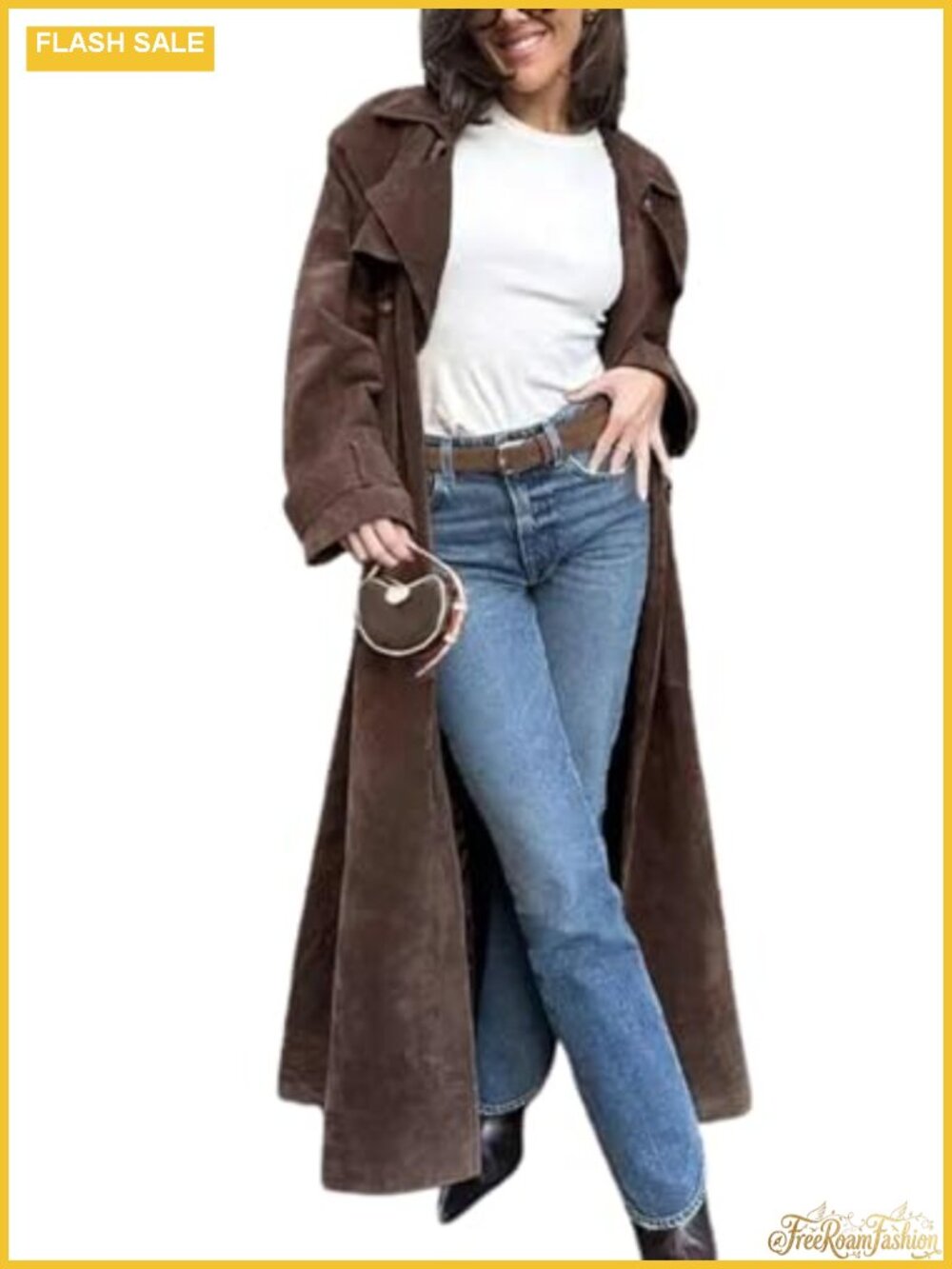 Women's Faux Suede Long Trench Coat Notched Lapel Double Breasted Pea Coat with